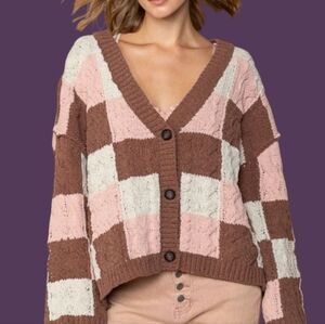 POL Chenille Cable Knit Cardigan – Pink Brown Beige – Button Up – Oversized -  M